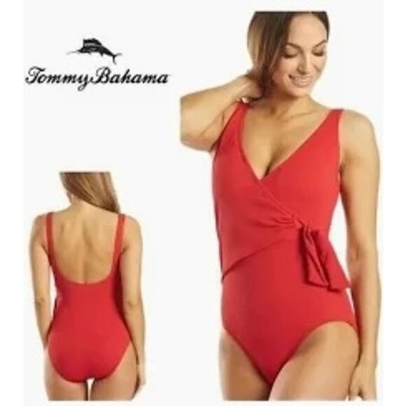 Tommy Bahama Island Cays Red Pique Colada Wrap Side Tie One Piece Swimsuit 10 - Picture 1 of 15